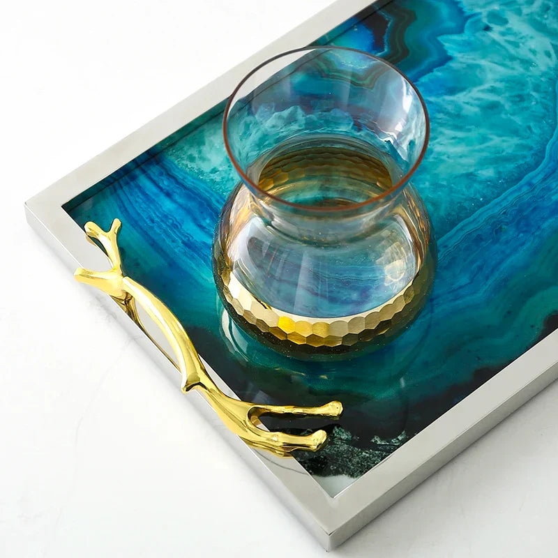 Serving Tray Blue Agate Glass Top Stainless Steel Frame