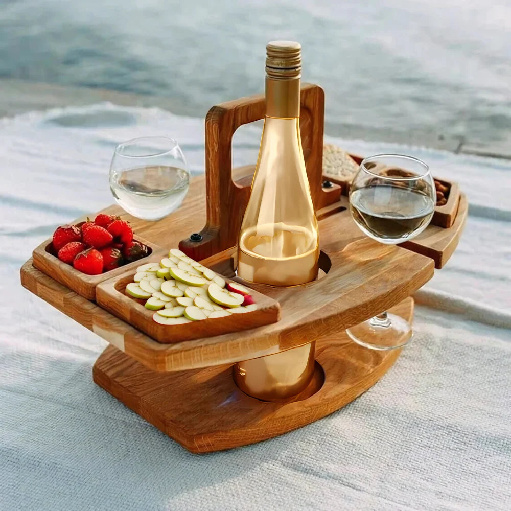 Serving Tray Foldable Wood Bottle & Glass Holders