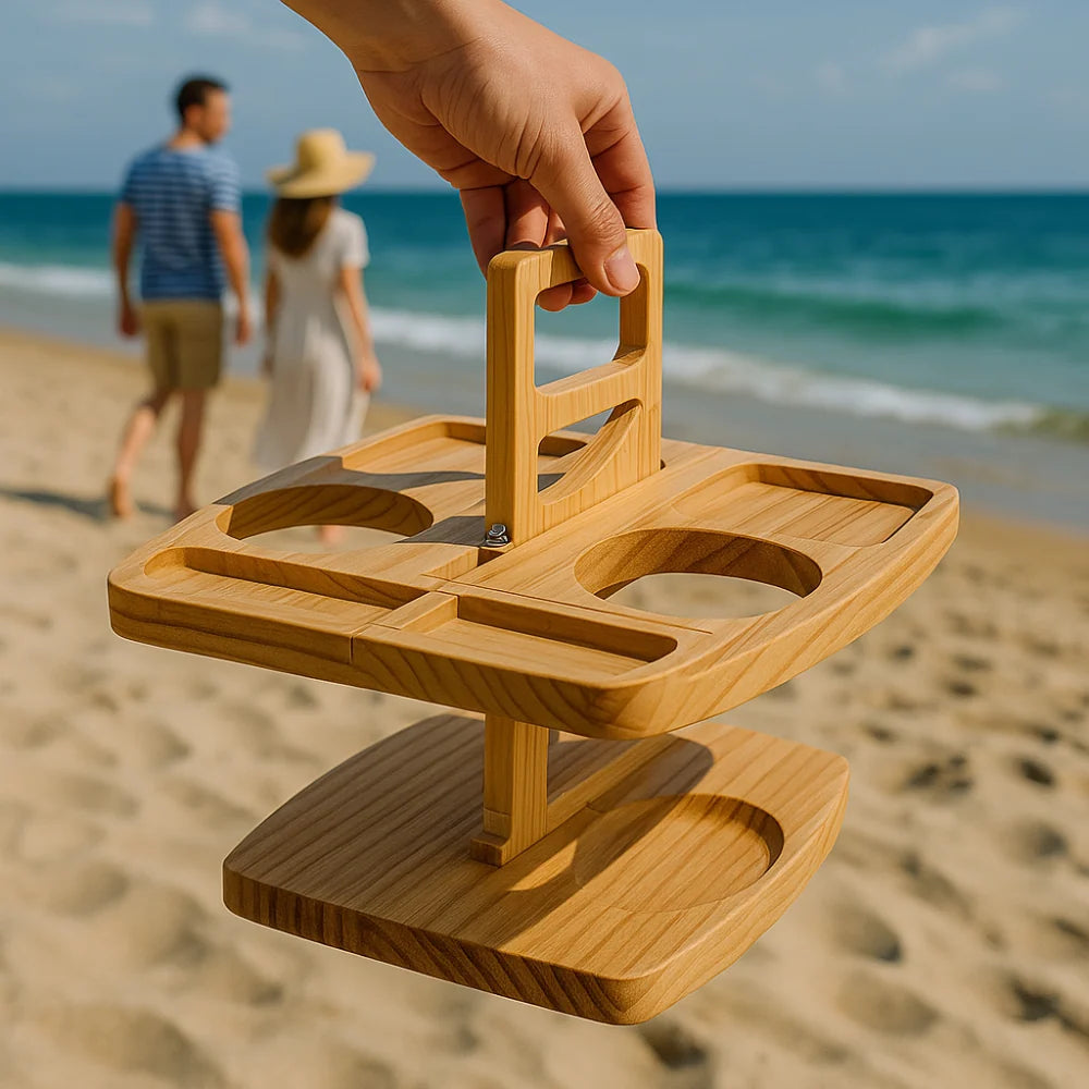 Serving Tray Foldable Wood Bottle & Glass Holders