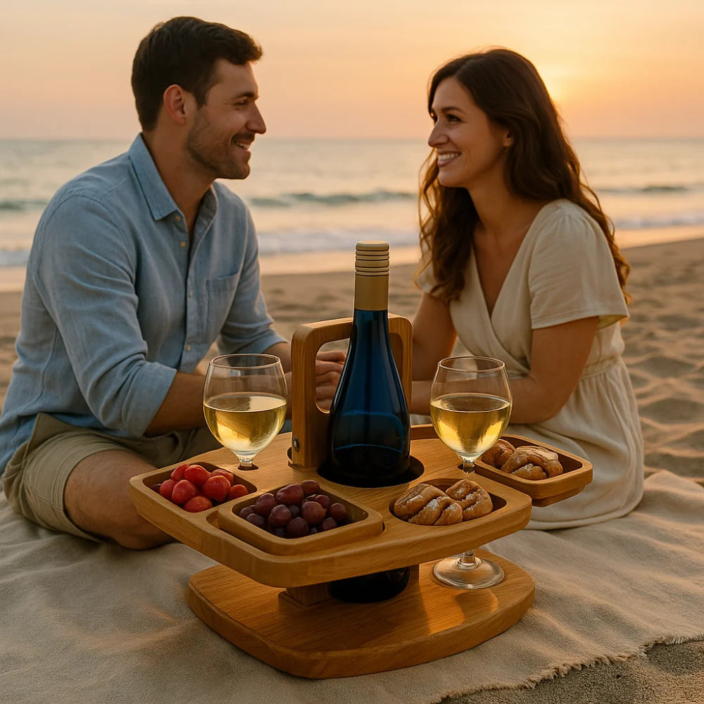 Serving Tray Foldable Wood Bottle & Glass Holders