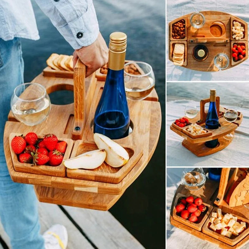 Serving Tray Natural Wood Wine & Glass Holder