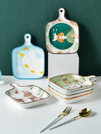Serving Tray Porcelain Floral Underglaze Ergonomic Handle