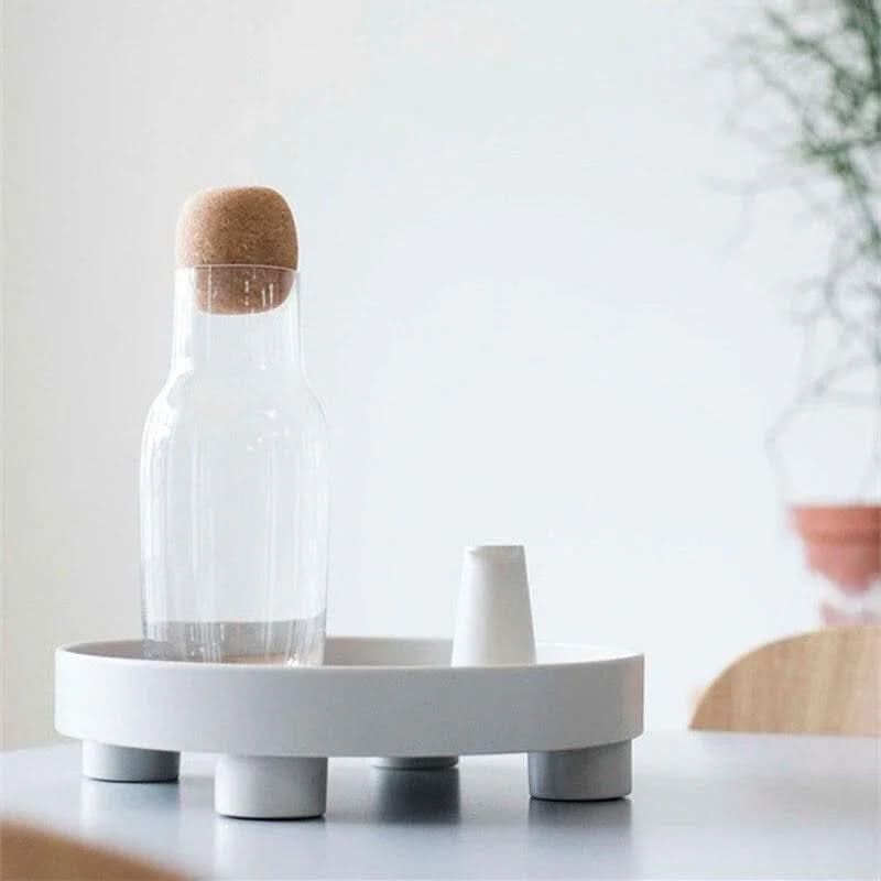 Serving Tray Round Wood Grain Raised Edge & Elevated Feet