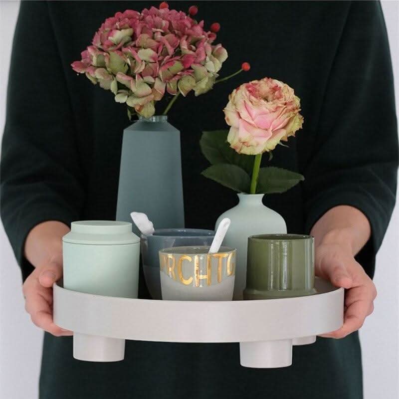 Serving Tray Round Wood Grain Raised Edge & Elevated Feet
