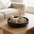Serving Tray Round Wood Grain Raised Edge & Elevated Feet