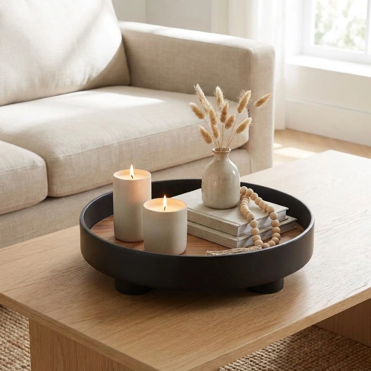 Serving Tray Round Wood Grain Raised Edge & Elevated Feet