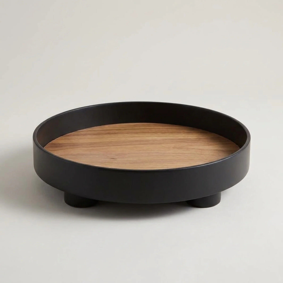 Serving Tray Round Wood Grain Raised Edge & Elevated Feet