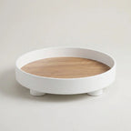 Serving Tray Round Wood Grain Raised Edge & Elevated Feet