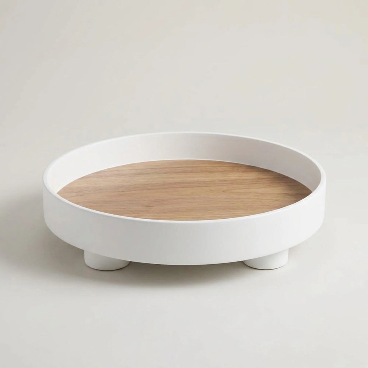 Serving Tray Round Wood Grain Raised Edge & Elevated Feet