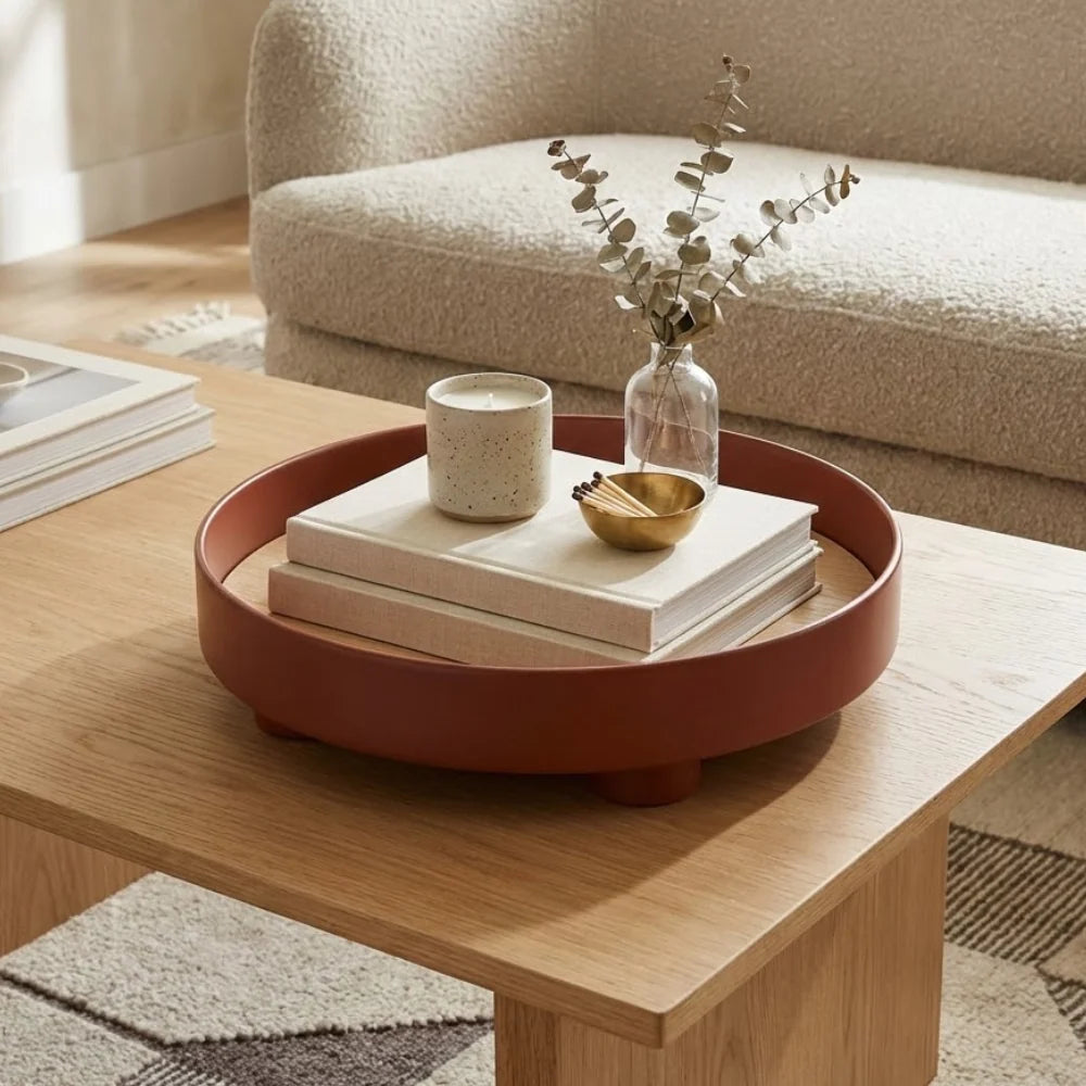 Serving Tray Round Wood Grain Raised Edge & Elevated Feet