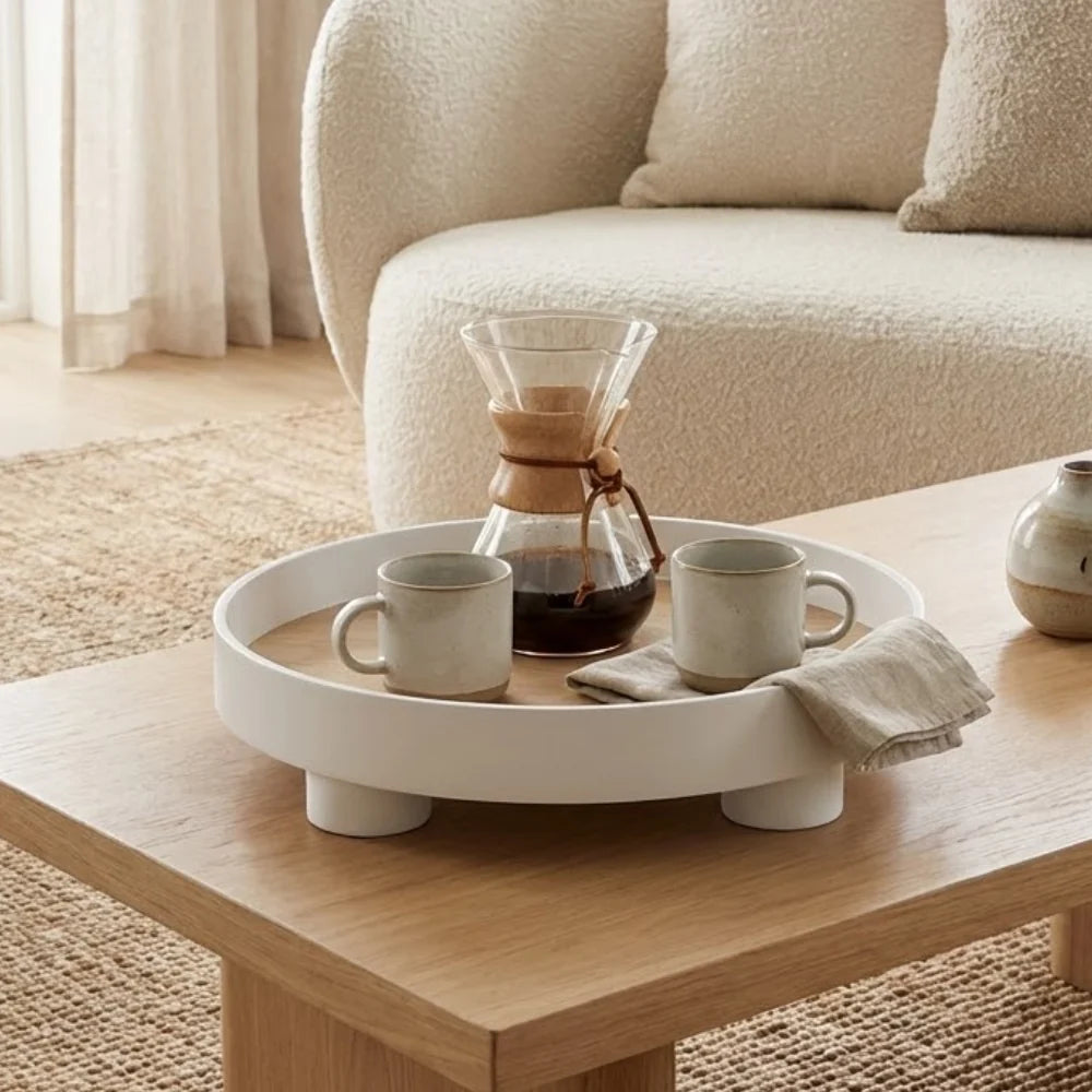 Serving Tray Round Wood Grain Raised Edge & Elevated Feet