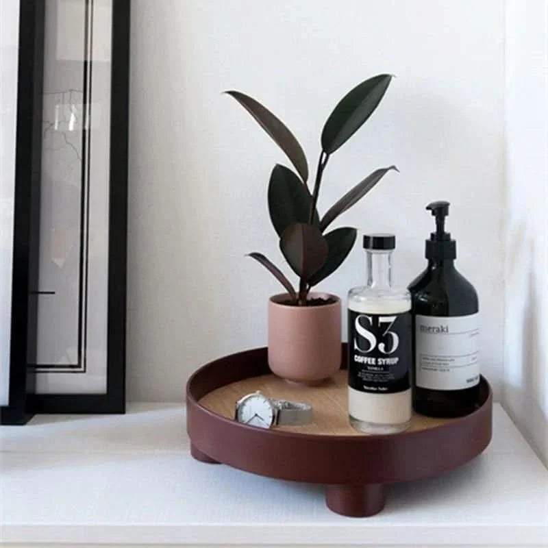 Serving Tray Round Wood Grain Raised Edge & Elevated Feet