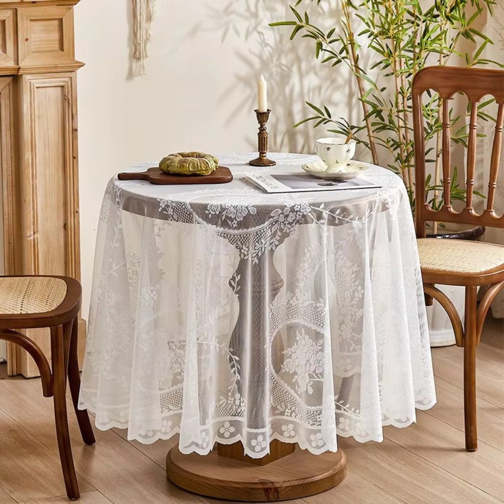 Sheer Floral Lace Microfiber Round Tablecloth