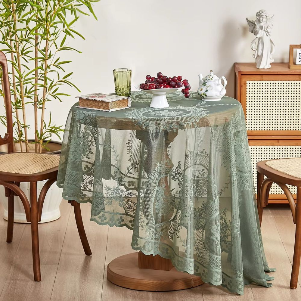 Sheer Lace Floral Microfiber Round Tablecloth