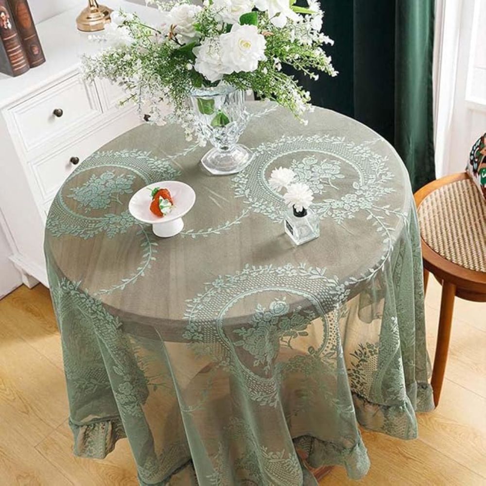 Sheer Lace Floral Microfiber Round Tablecloth