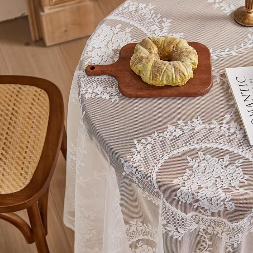 Sheer Lace Floral Microfiber Round Tablecloth