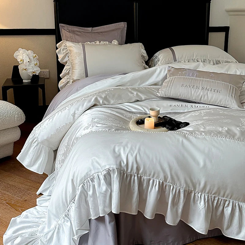 Sheet Set Satin Jacquard Floral Ruffled Trim