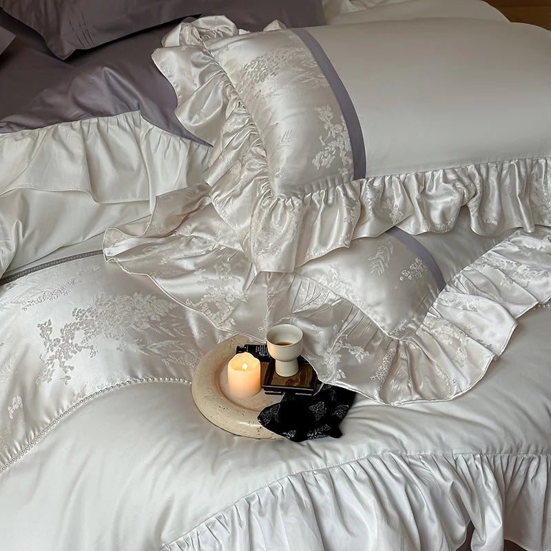 Sheet Set Satin Jacquard Floral Ruffled Trim