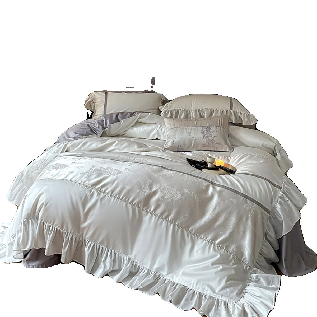 Sheet Set Satin Jacquard Floral Ruffled Trim