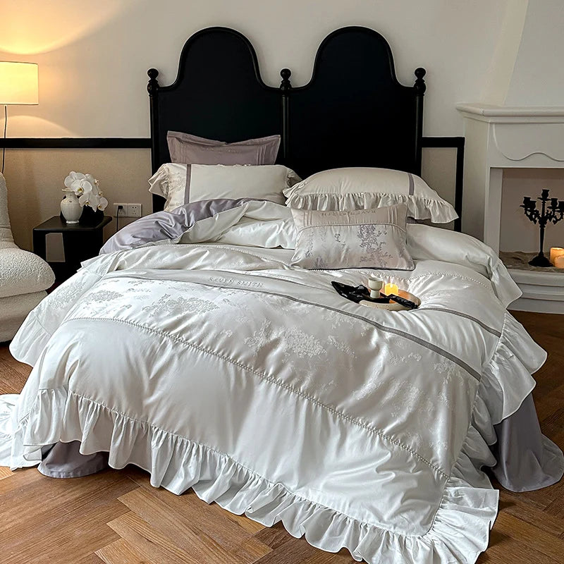 Sheet Set Satin Jacquard Floral Ruffled Trim