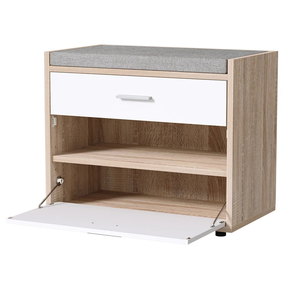Shoe Bench White Wood Hidden Storage & Fabric Cushion