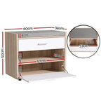 Shoe Bench White Wood Hidden Storage & Fabric Cushion