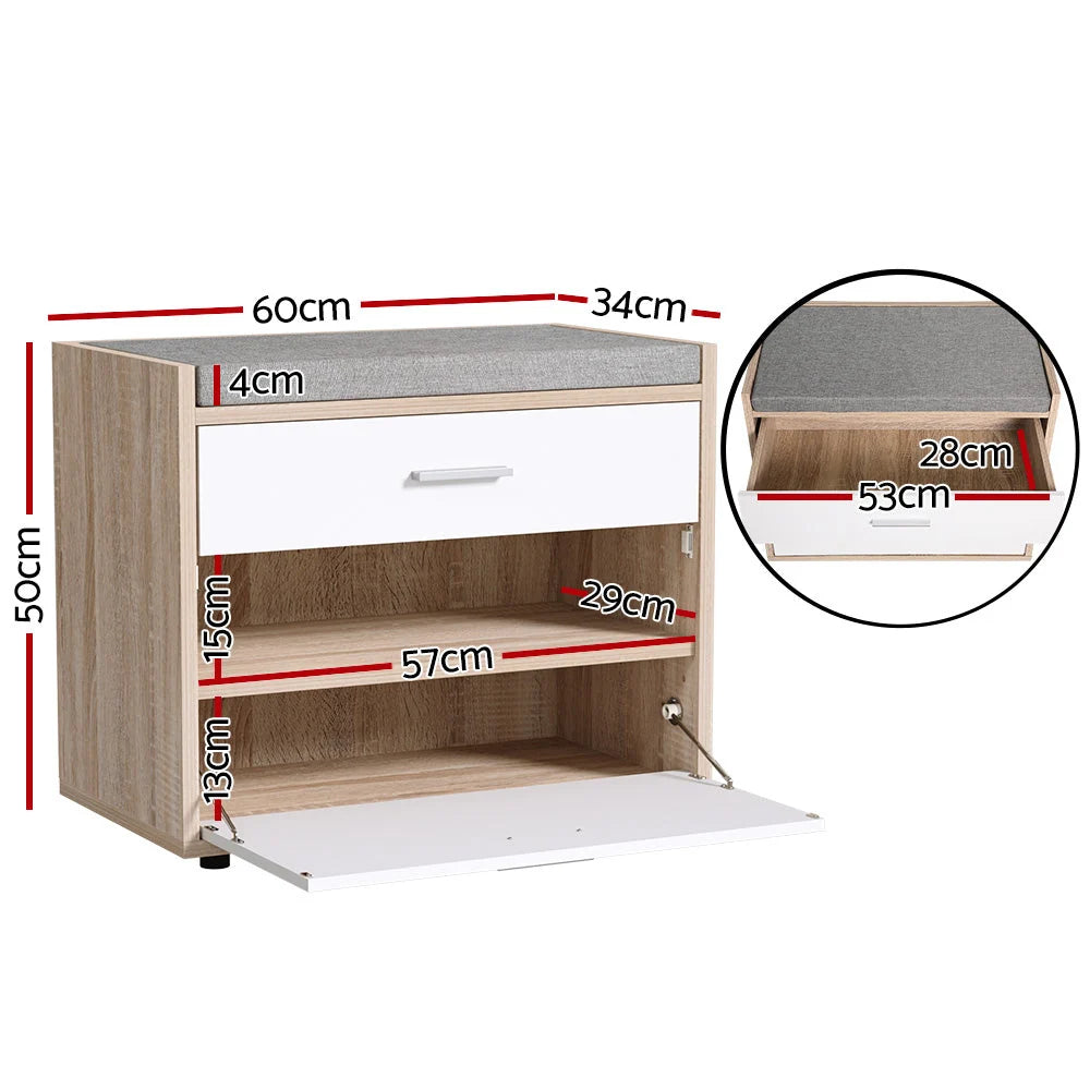 Shoe Bench White Wood Hidden Storage & Fabric Cushion