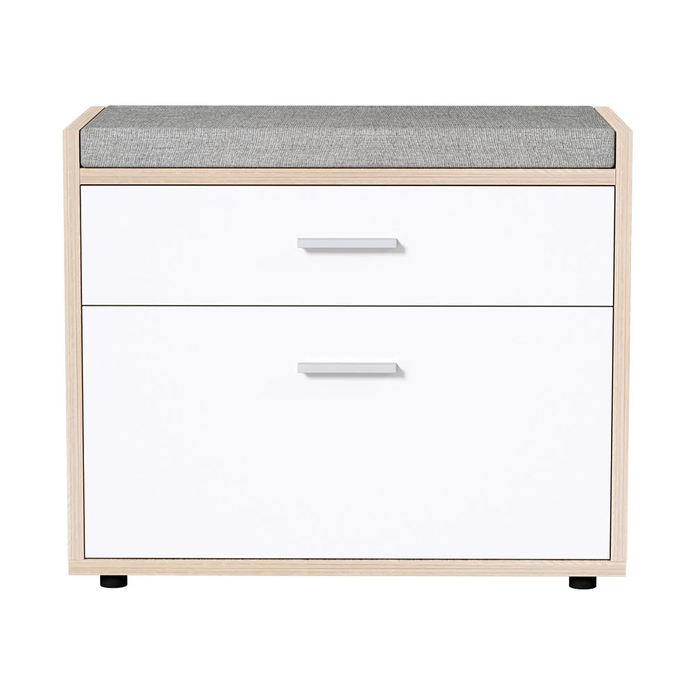 Shoe Bench White Wood Hidden Storage & Fabric Cushion
