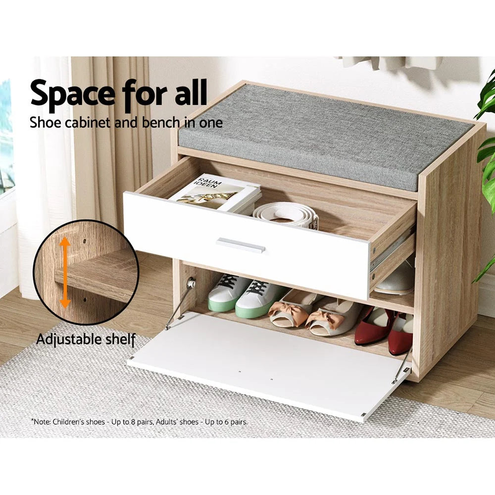Shoe Bench White Wood Hidden Storage & Fabric Cushion