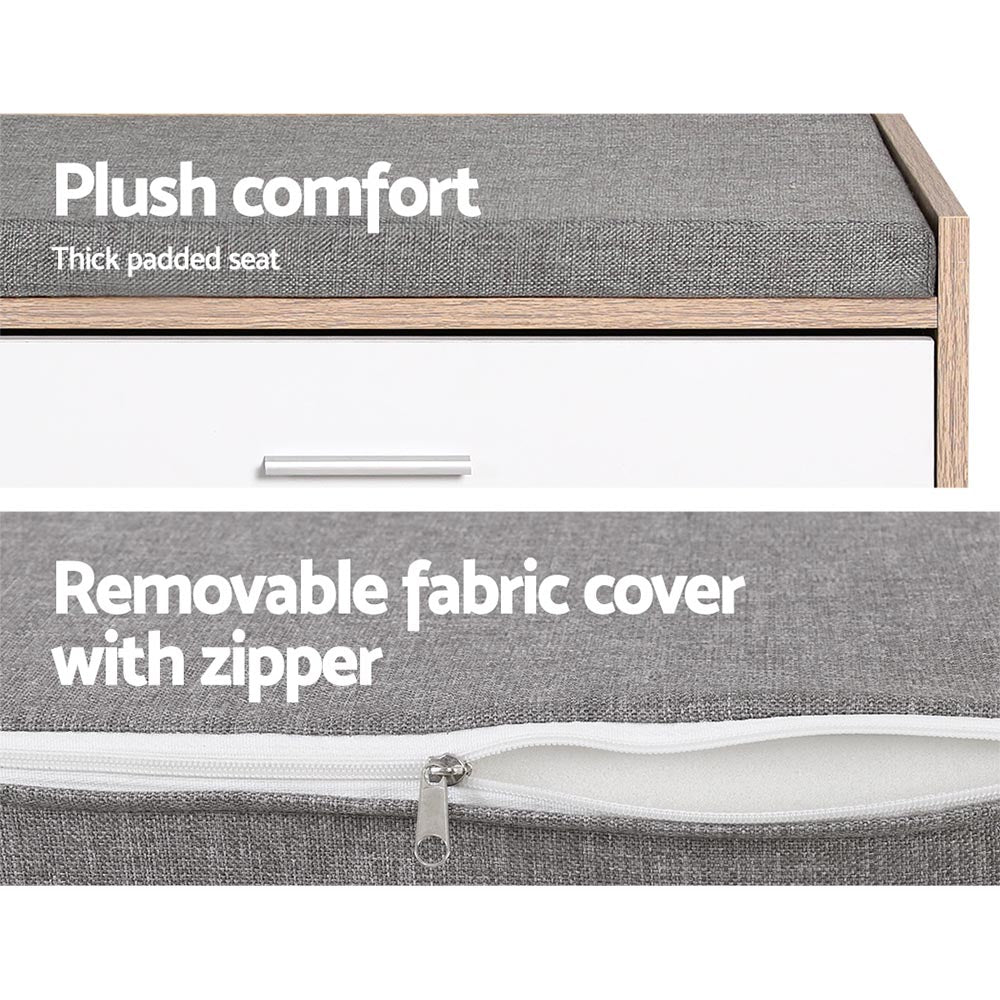 Shoe Bench White Wood Hidden Storage & Fabric Cushion