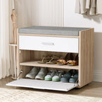 Shoe Bench White Wood Hidden Storage & Fabric Cushion