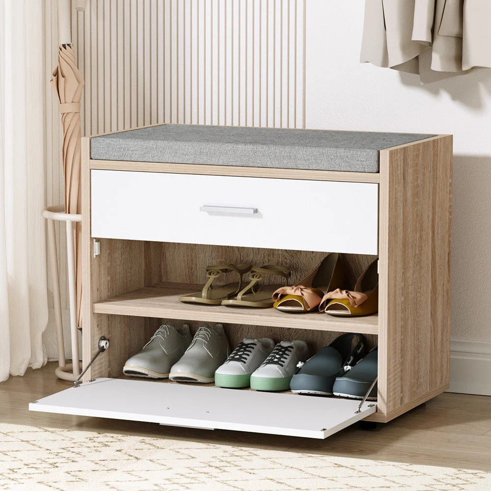 Shoe Bench White Wood Hidden Storage & Fabric Cushion