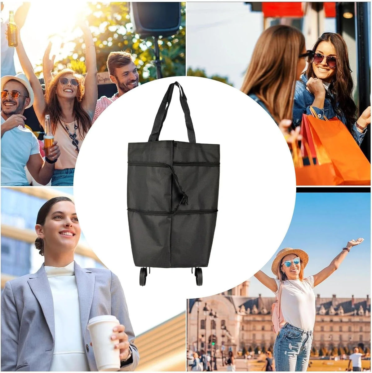 Shopping Tote 2-In-1 Foldable Wheels Waterproof Oxford