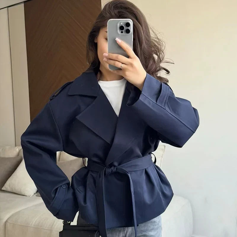 Short Trench Coat Twill Self-Tie Belt