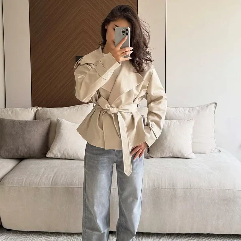 Short Trench Coat Twill Self-Tie Belt