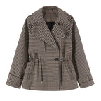 Short Trench Jacket Plaid Cropped Adjustable Drawstring Waist