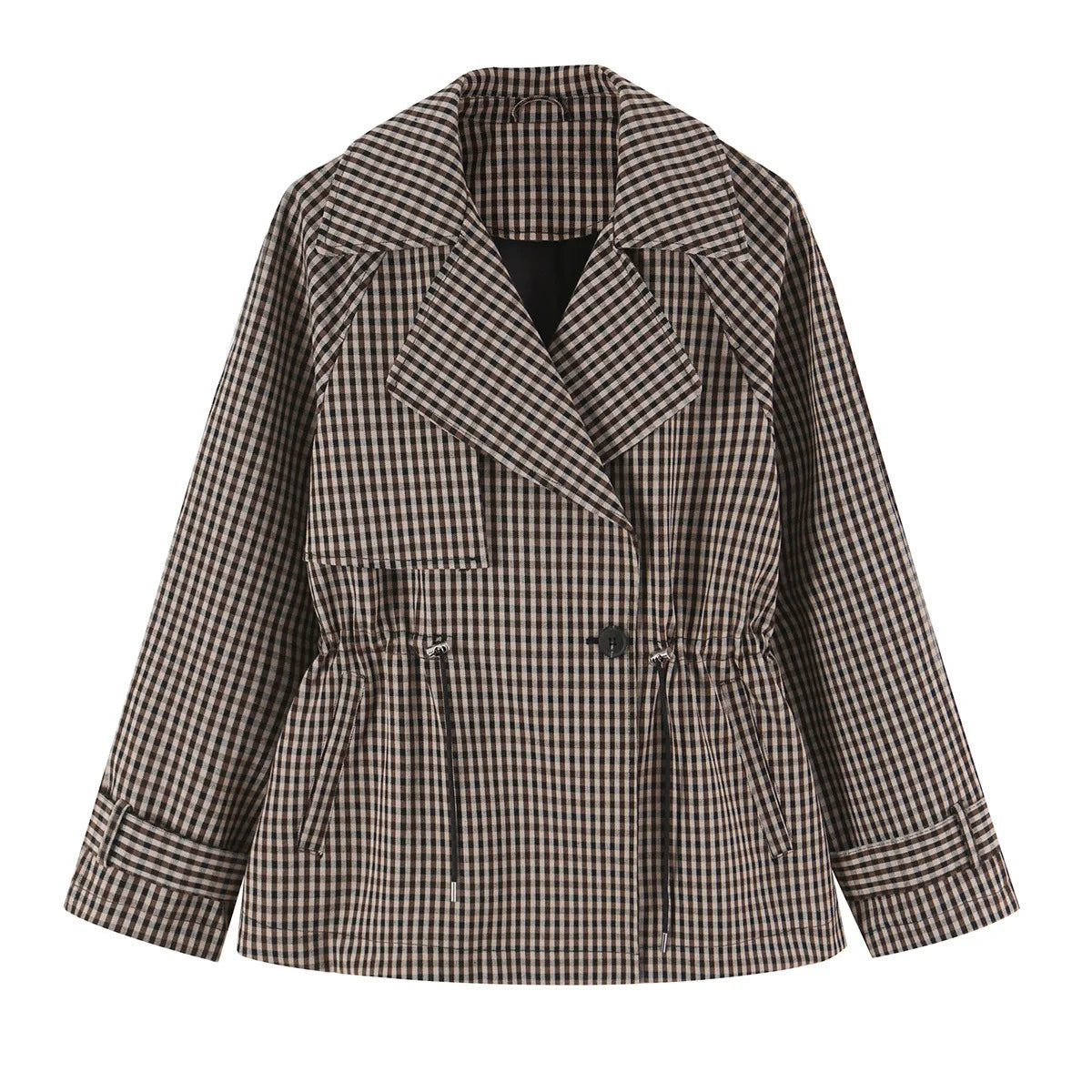 Short Trench Jacket Plaid Cropped Adjustable Drawstring Waist