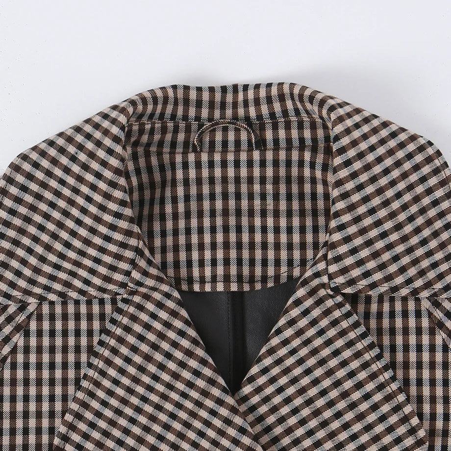 Short Trench Jacket Plaid Cropped Adjustable Drawstring Waist