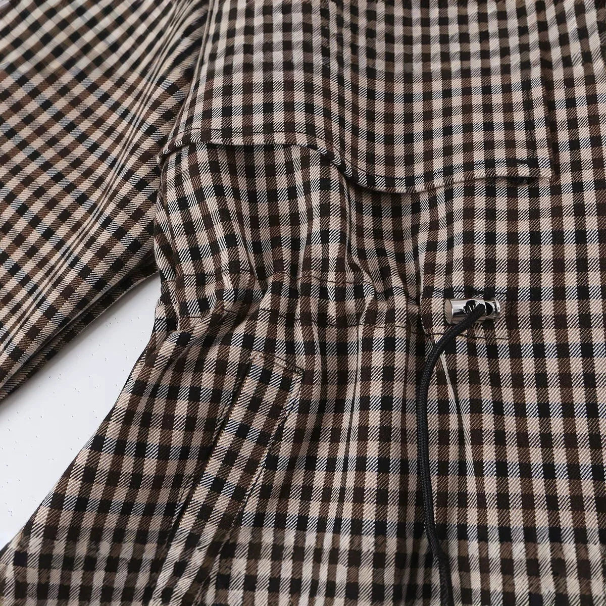 Short Trench Jacket Plaid Cropped Adjustable Drawstring Waist