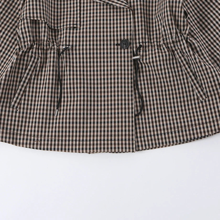 Short Trench Jacket Plaid Cropped Adjustable Drawstring Waist