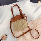 Shoulder Bag Handwoven Straw Leather Trim Adjustable Strap