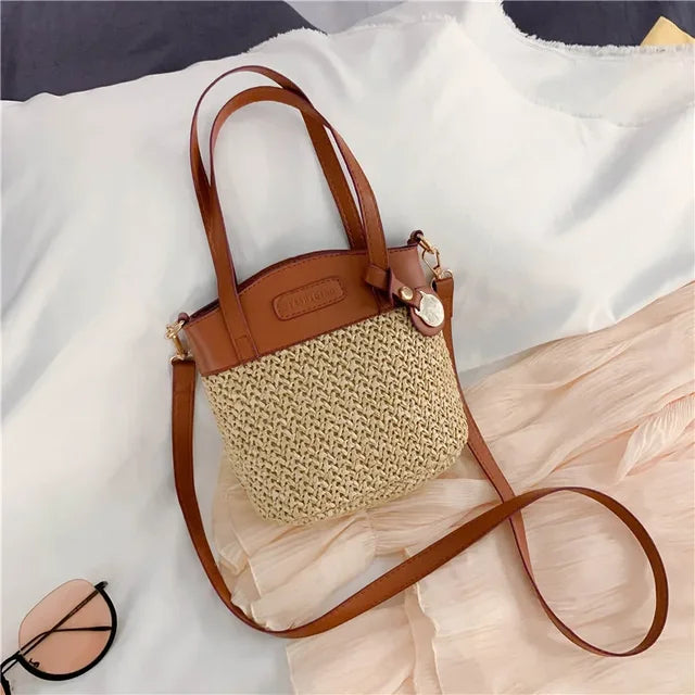 Shoulder Bag Handwoven Straw Leather Trim Adjustable Strap