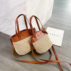 Shoulder Bag Handwoven Straw Leather Trim Adjustable Strap