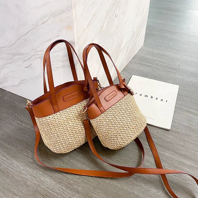 Shoulder Bag Handwoven Straw Leather Trim Adjustable Strap