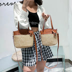 Shoulder Bag Handwoven Straw Leather Trim Adjustable Strap