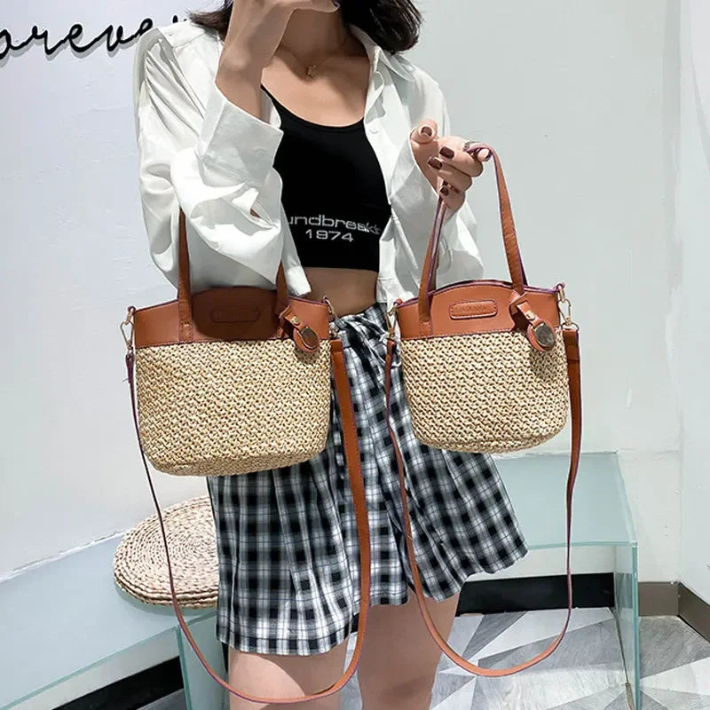 Shoulder Bag Handwoven Straw Leather Trim Adjustable Strap