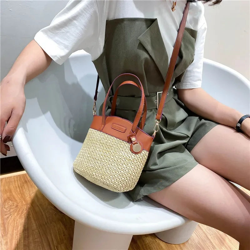 Shoulder Bag Handwoven Straw Leather Trim Adjustable Strap