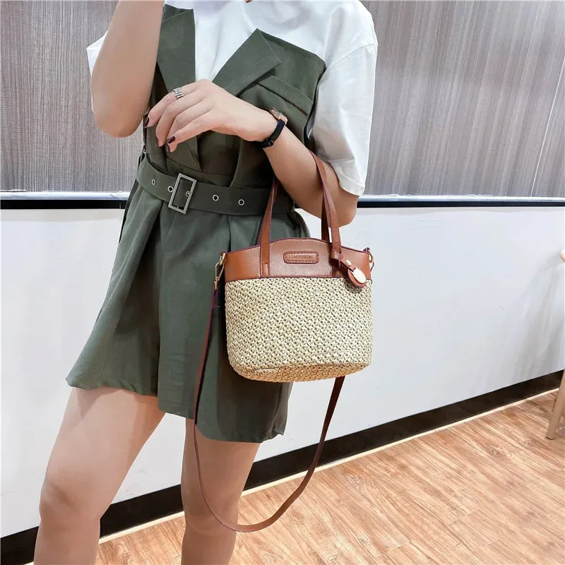 Shoulder Bag Handwoven Straw Leather Trim Adjustable Strap