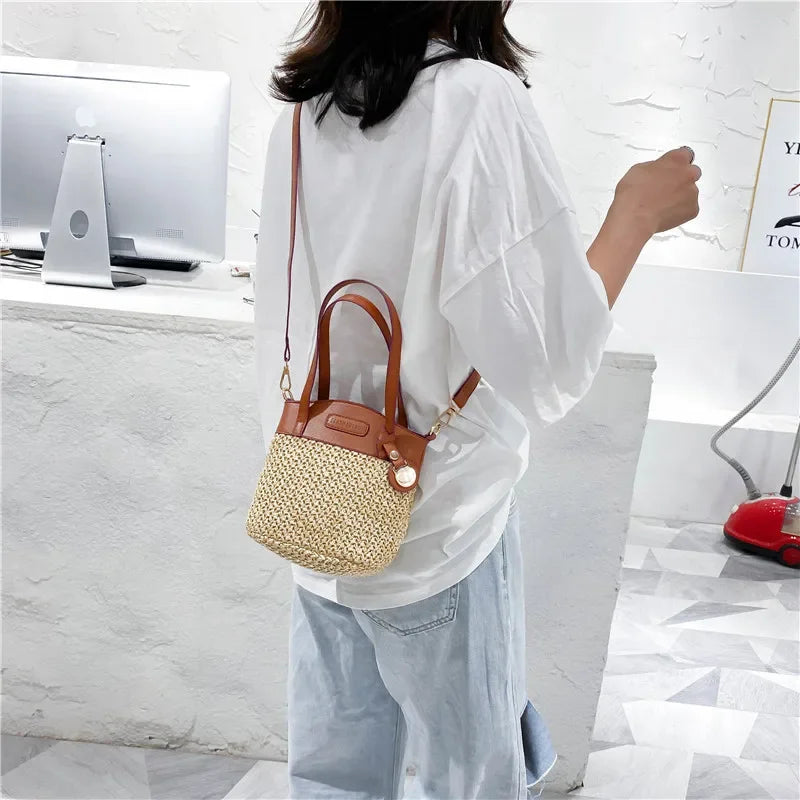 Shoulder Bag Handwoven Straw Leather Trim Adjustable Strap