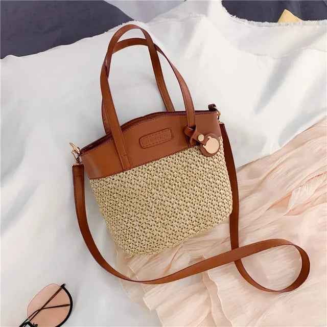 Shoulder Bag Handwoven Straw Leather Trim Adjustable Strap